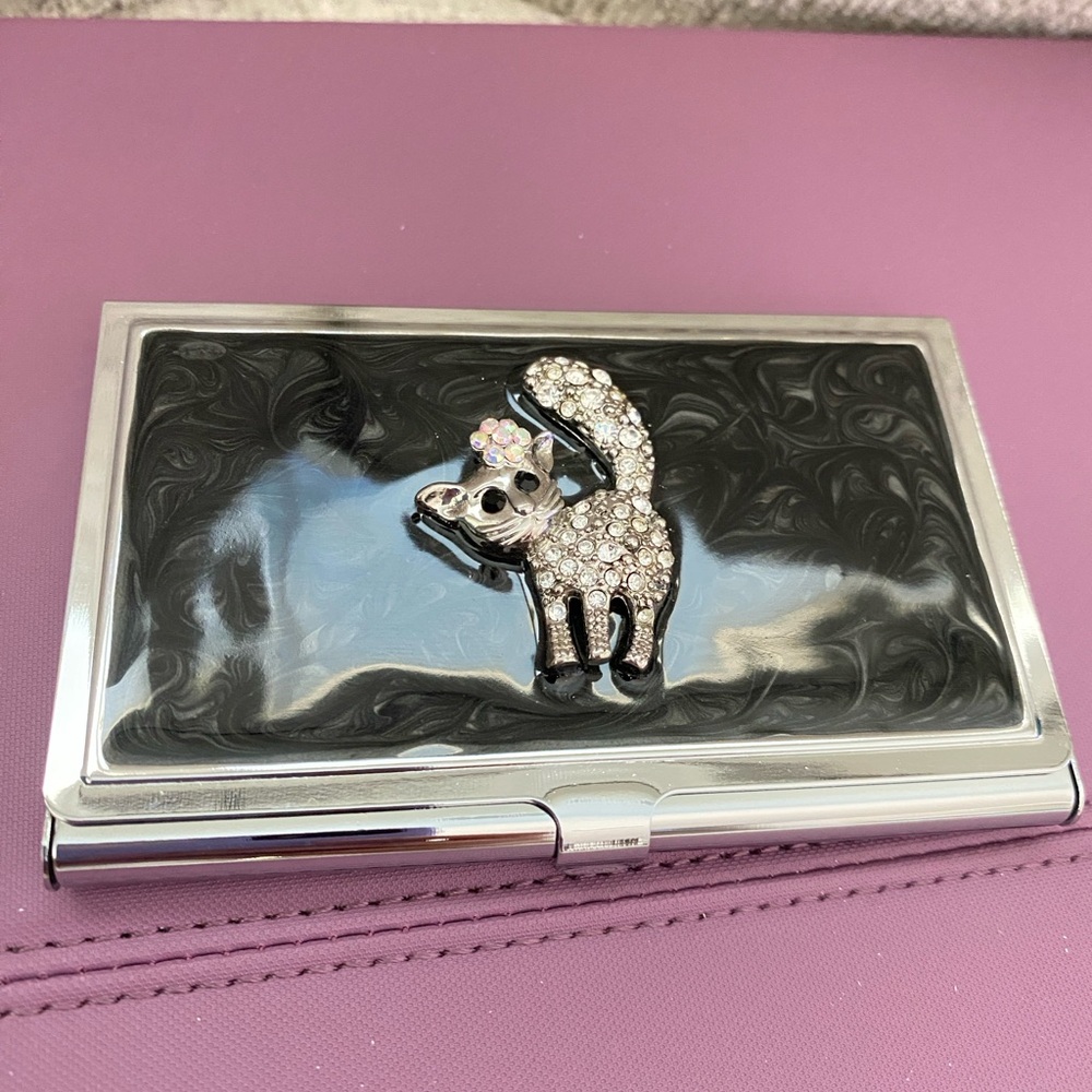 Vintage Card Holder With Cat Rhinestone In Black  Enamel